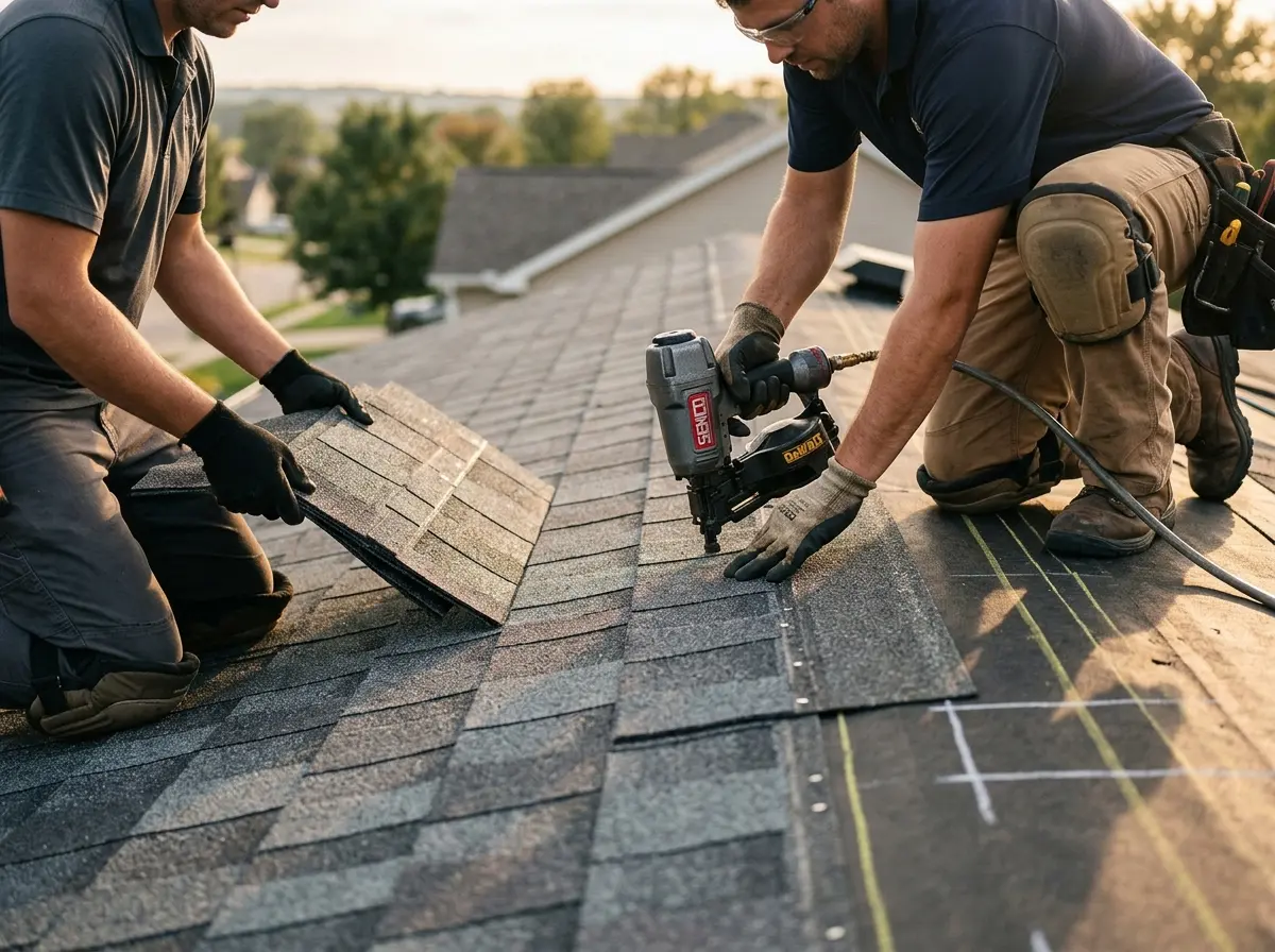 Professional roofer working on a residential roof in Wausau